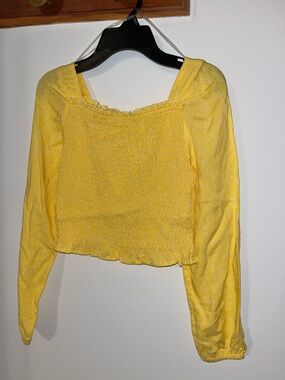 Belle Du Jour Sunny Yellow Smocked Eyelet Long-Sleeve Crop Top